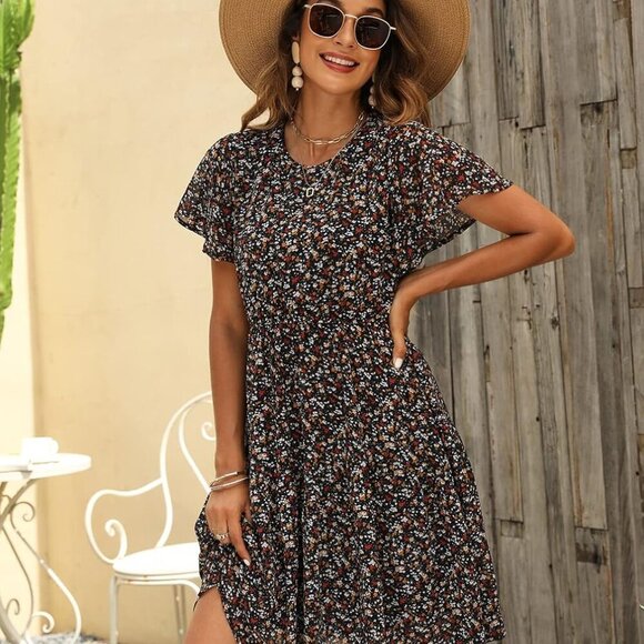 Women's Chiffon Floral Dresses Casual Summer Boho Flutter Sleeve Flowy Skater We - Picture 6 of 7